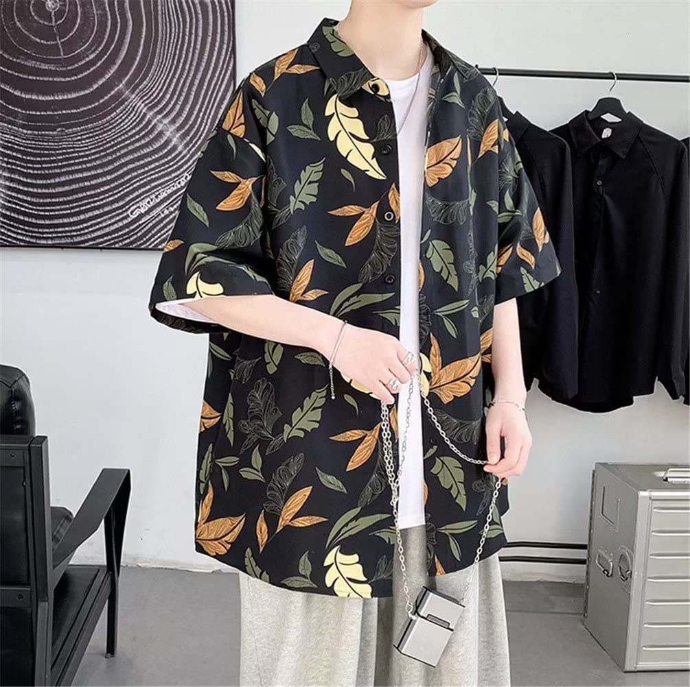 Trysimple Casual Aloha Summer Short Sleeve Shirt with Leaf Open Half and Design Men's Shirt, Print, Collar, Sleeves, Figure-Flattering (3XL, Black)