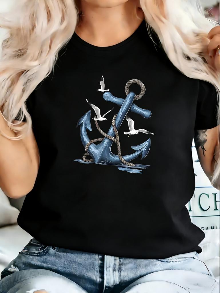 Elegant Women Summer Casual Short-Sleeved Tops Seaside Anchor Graphic Print Daily Outdoor Wear Round Neck Tees Women's Clothing