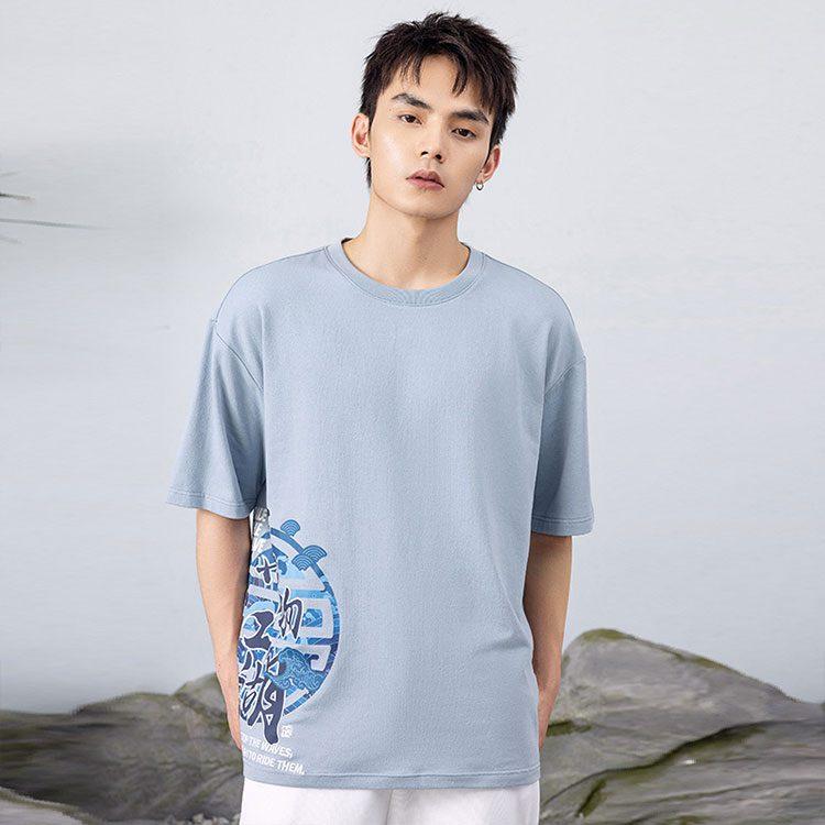 ANTA T Shirts Unisex Blue Gray Crew Neck Moderate Straight Fit 952228153-3