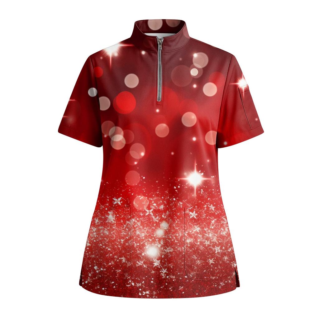 Women's Short Sleeved Printed V-neck Buttonable Side Slit Top T-shirt