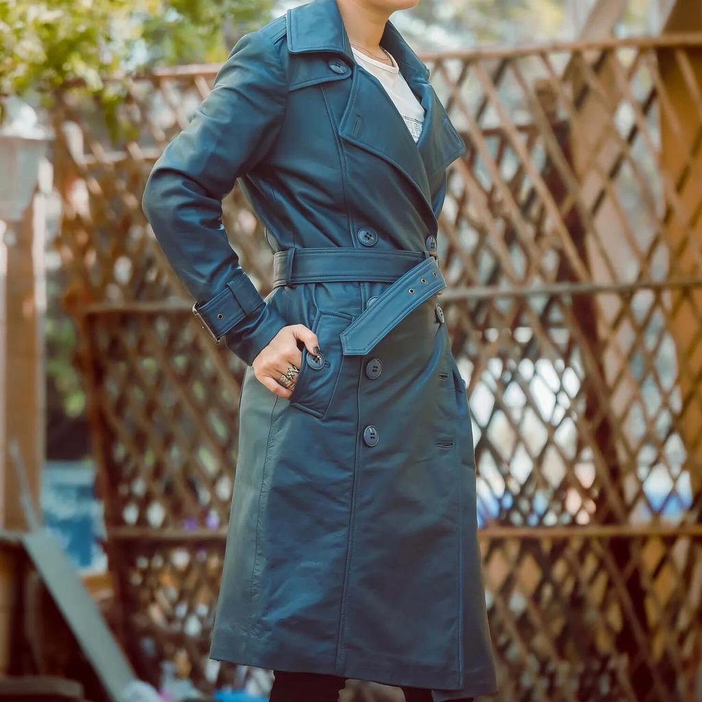 Trench Coat Leather Winter Designer Blue Long Belt Lambskin Women Stylish