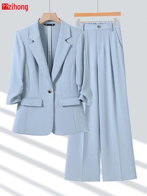 Women's Elegant Wrinkled Seven-Sleeve Blazer Suit with Wide-Leg Pants - Thin Style 2026 Spring/Summer Collection
