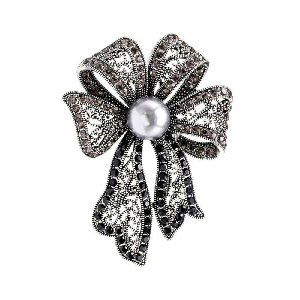 French Style Bow Brooch Vintage Black Brooch Exquisite Fully-rhinestone Pin Western-style Clothes