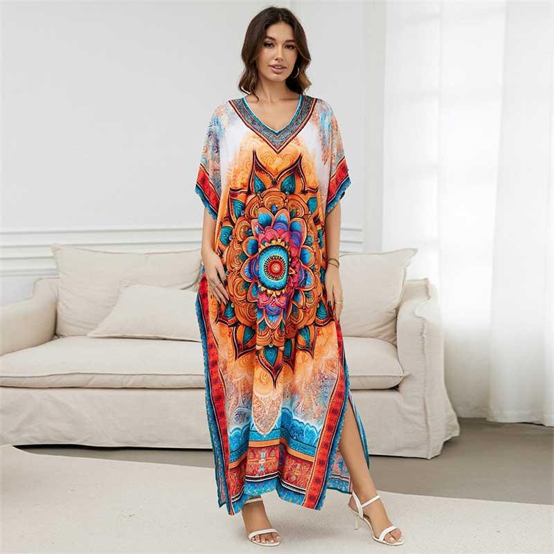 EDOLYNSA Ležérní boho tištěný výstřih do V, volné kaftanové šaty, plus velikost, 2024, dámské letní plážové oblečení, plavky, zakrýt volný župan Q1594