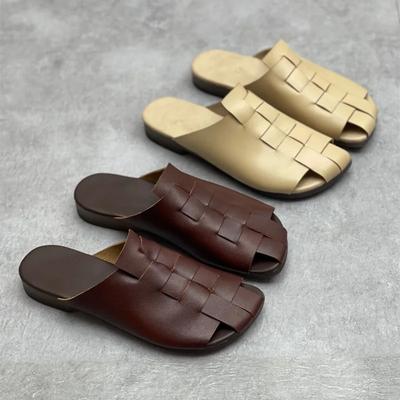 Fashion Summer Leather Flat Women's Shoes Cowhide Woven Women's Slippers Mueller Shoes Sandals