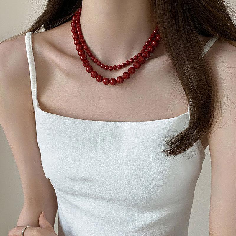 6-12mm Round Glass Red Beads Strand Beaded Necklace Choker for Women Wholesale Silver Plated Chain Chokers Jewelry New Year Gift