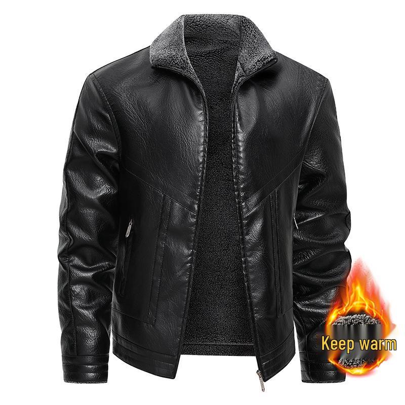 Men's Plus Size Winter Fur-Lined Leather Jacket with Lapel
