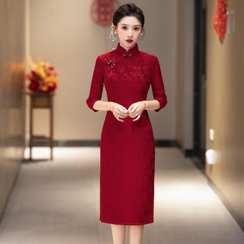 Red Knitted Jacquard Cheongsam 2026: Women s Mother of the Bride Banquet Dress in Chinese National Style M