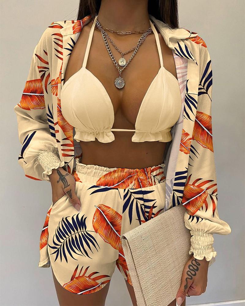 2025 Sexy Swimsuit Summer Fashion Solid Color Printing 3 Piece Suit Women