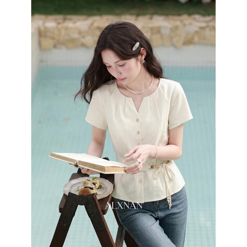 Lu Xiang Nan Women's French Style Apricot Short-Sleeve Blouse