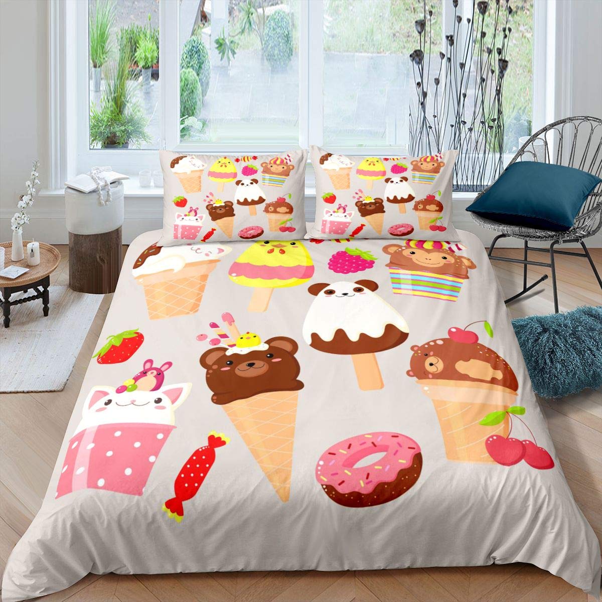 

Комплект постельного белья с летней тематикой, комплект постельного белья с изображением фруктов и мороженого из мультфильмов, 3 предмета, мягкий легкий пододеяльник цвета хаки, 2 наволочки EU Single(135x200cm)
