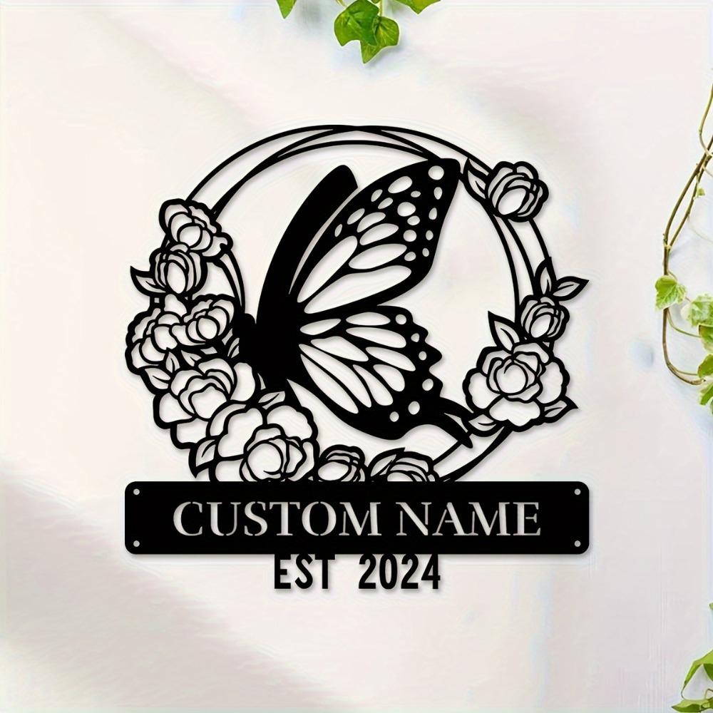 Custom Floral Butterfly Metal Wall Art, Personalized Sign, Rustic Home Decor for Lounge Office Veranda, Gift