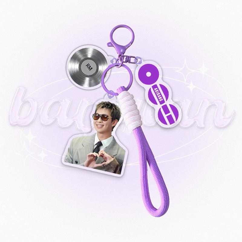 BTS Member Photo Acrylic Keychain with Purple Braided Strap, Bangtan Boys Vinyl Disc Charm Keyring, Kpop ARMY Fans Bag Accessory