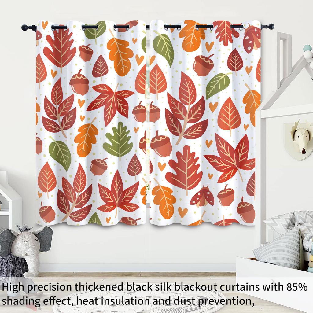 2pcs Autumn Leaf Print Perforated Blackout Curtains Multiple Size Living Room Bedroom Insulation Decoration   Easy Installation