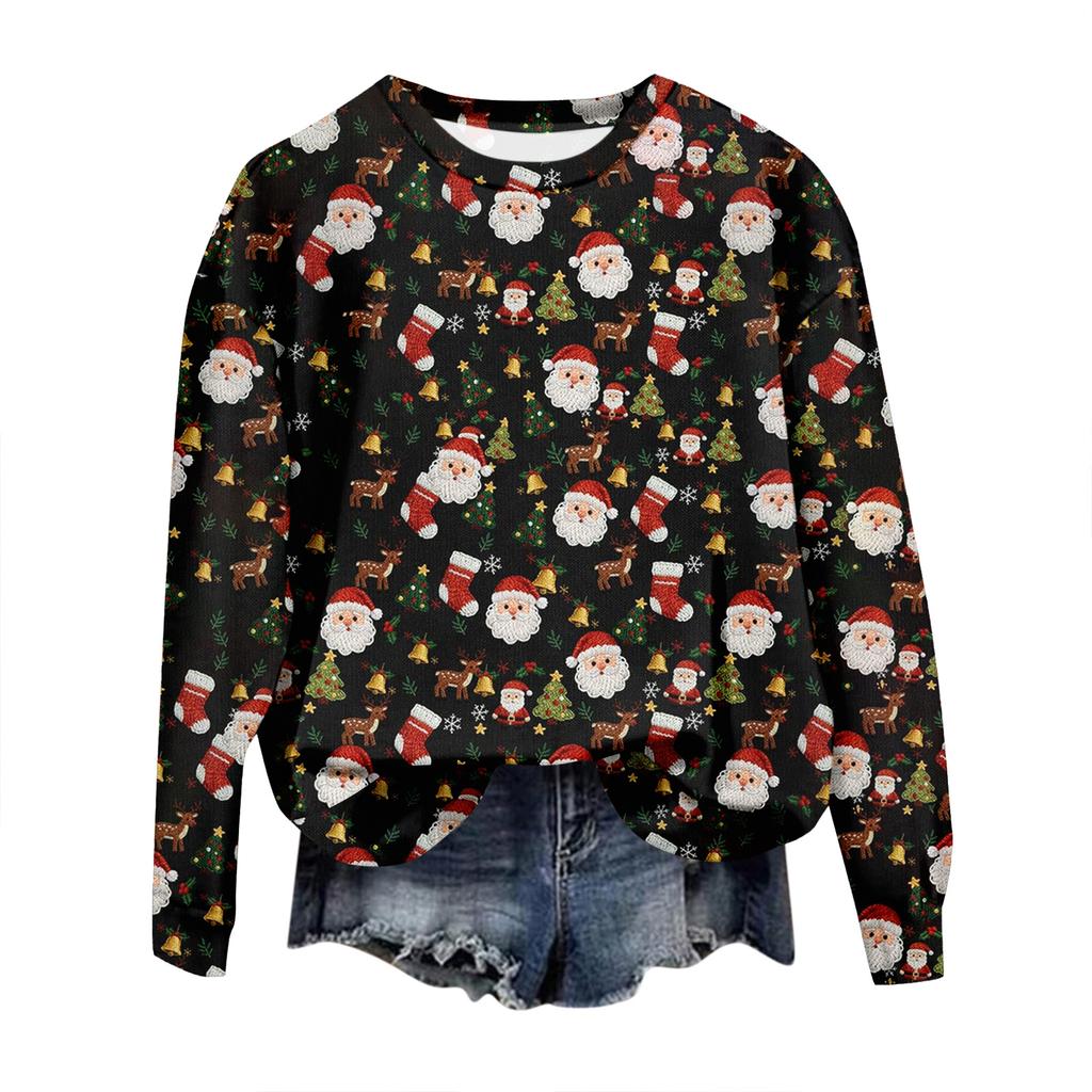Women's Christmas Print Sweatshirt Trendy Casual Long Sleeve Neck Pullover Top for Holiday
