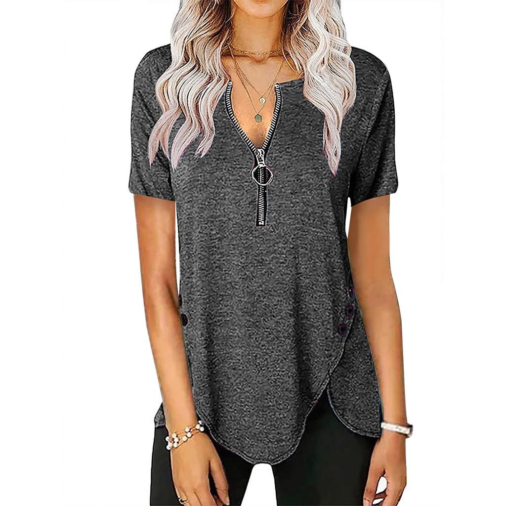 Womens Casual Color Zipper Short Sleeve Loose Top T-Shirt Blouse