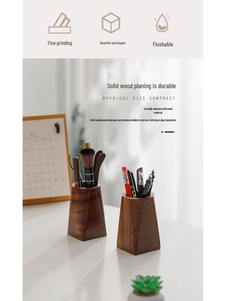 Retro Walnut Solid Wood Pencil Holder - Student & Office Desktop Stationery Storage Box Gift