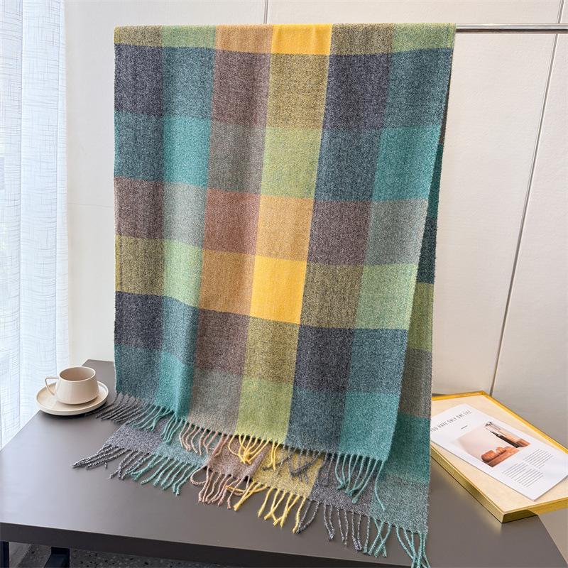 Winter Rainbow Plaid Women's Imitation Cashmere Scarf Warm Shawls and Wraps Thicked Pashmina Female Blanket Scarves