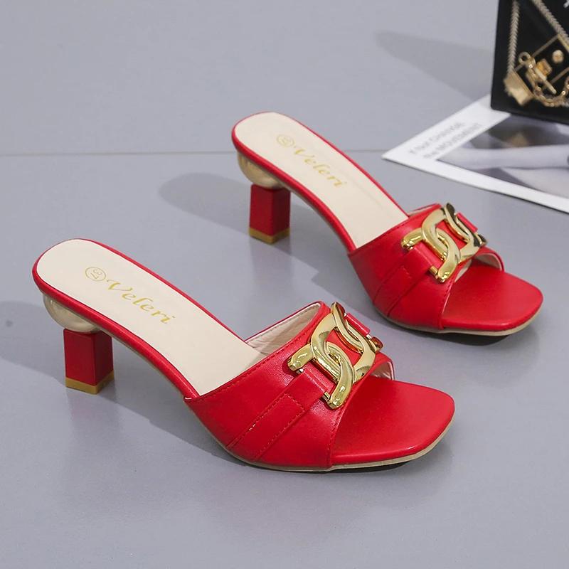 Summer Women's Slippers Sandals Shoes Female Golden Metal Chain Ladies Fashion Casual Slides Mules  Indoor Zapato Mujer