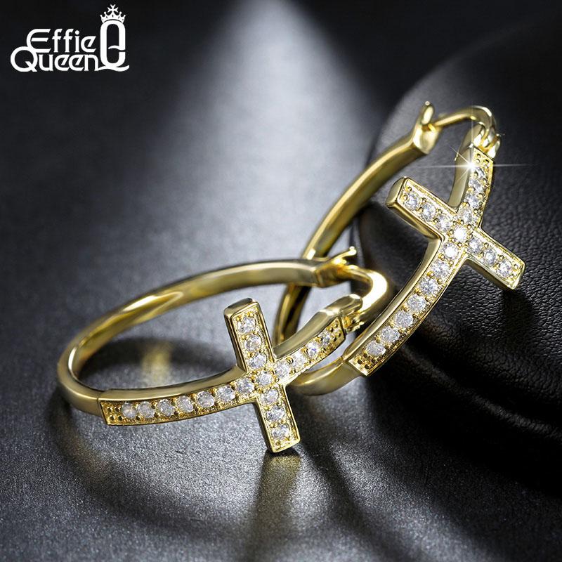 

Effie Queen Hot Sale Big Hoop Earrings with Zirconia Diamonds Classic Cross Style Clip Design Women s Earring Jewelry Gift OE142