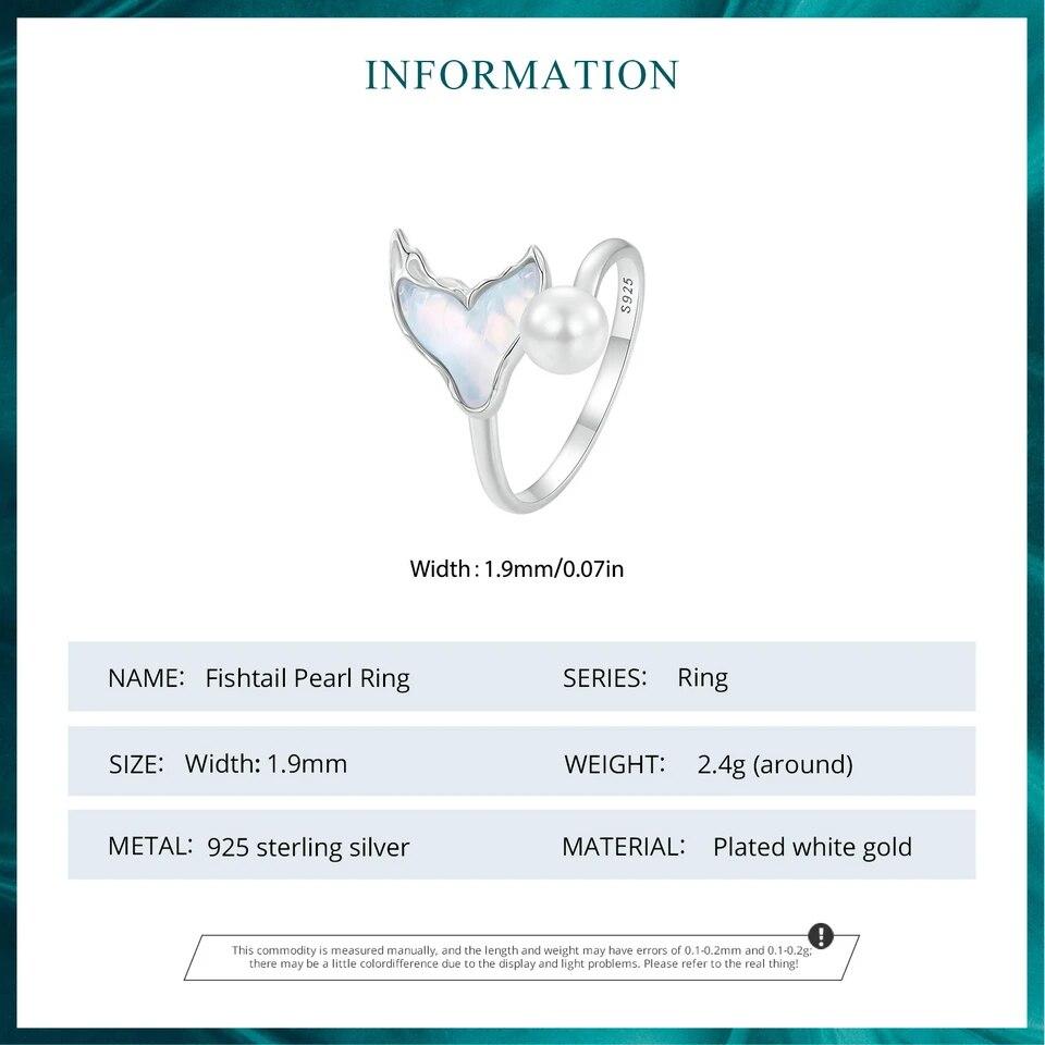 BAMOER White Gold Plated Fishtail Pearl Ring, 925 Sterling Silver Cute Adjustable Rings for Women Girls