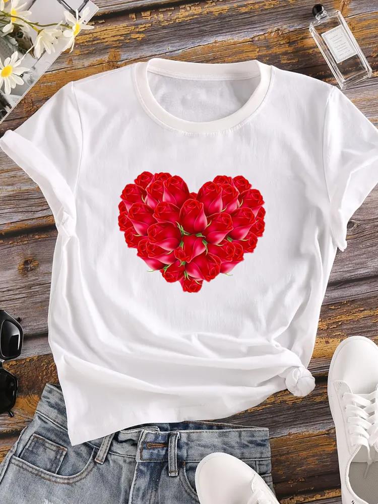 (Asian Size) sweet flower trend Printed Female Top T Shirt Clothing Lady o-neck Short Sleeve T-shirts Casual Fashion Women Graphic Tee