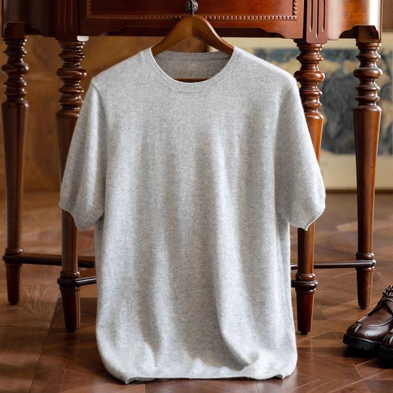 Men's Beige Crew Neck Short Sleeve Knit Top Soft Casual Daily Sweater