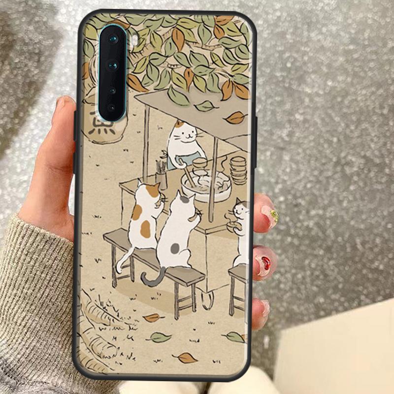 Japanese Cat Drink Pattern Case For OnePlus 15 13 12 11 10 10R 12R 13R 15R 13T 10T 8T Nord 5 CE 2 3 4 Lite N20 N30 Coque