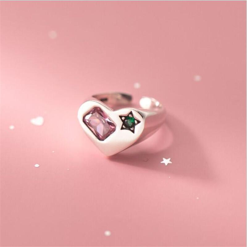 New Fashion Pink Crystal Love Simple Green Satr 925 Sterling Silver Jewelry Heart Shaped Geometric Opening Rings TYB070 серебряный