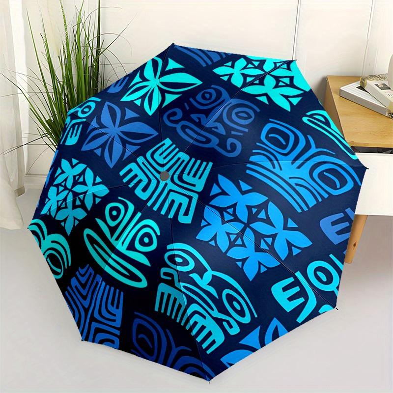 1pc Polynesian Pattern Automatic Folding Umbrella - 8-Rib Iron Frame, Windproof, Portable Sunshade with Plastic Handle for Travel & Outdoor