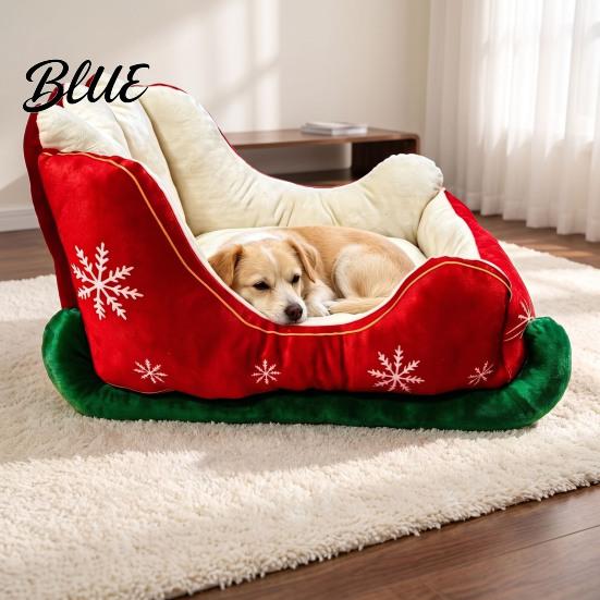 Soft Cotton Cat Bed Christmas Sleigh Shaped Pet Bed, Cozy Holiday Dog Sofa Anti‑Slip Base Washable Puppy Cushion, Sleeping for Small Medium