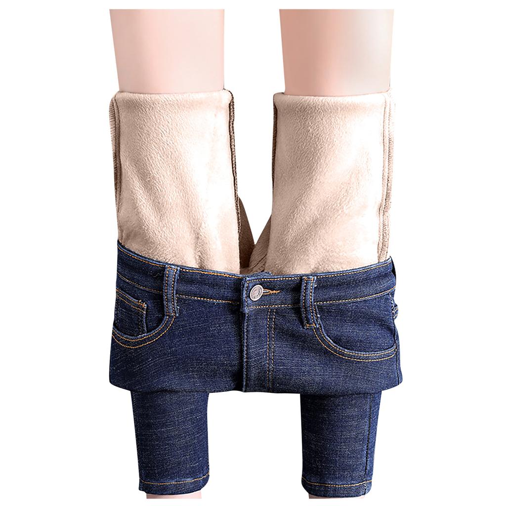 Women Fashion Soild Plush Jeans High Waist Thickened Tight Fitting Sweatpants Warm Casual Pants