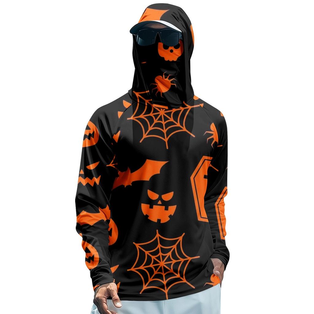 Funktions-Angel-Raglan-Hoodie für Herren mit Halloween-Print - UV-Schutz 50+ Langarm-Sonnenschutzshirt mit Mesh-Visier