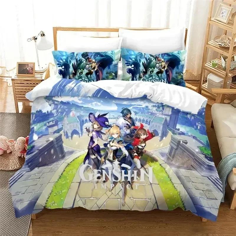 Anime Genshin Impact Paimon Bedding Set Duvet Cover Sheet Printed Bed Set Pillowcase Bed Full Queen King Size Comforter Bedroom