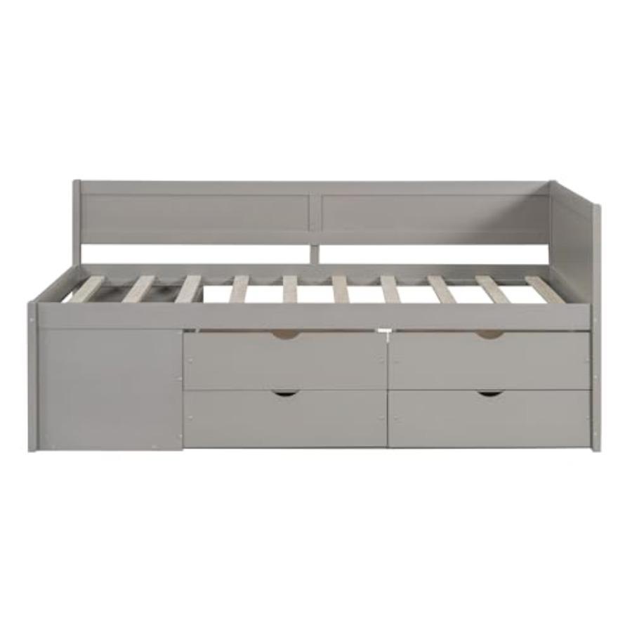 Twin Size Daybed with Drawers and Shelves, Wooden Storage Daybed Frame with Slats, Pull Out Drawer Bed for Guests, Space Saving