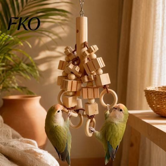 Bird Chew Toy Wood Blocks Parrot Toy, with Wooden Rings, Beak Care Biting Hanging Cage Accessory for Parakeet Conure Cockatiel
