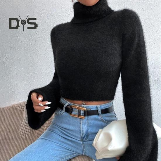 Kurzer Pullover für Damen, hoher Kragen, ausgestellt, lange Ärmel, einfarbig, schmale Passform, lässige Oberteile, freiliegender Nabel, Strickmode