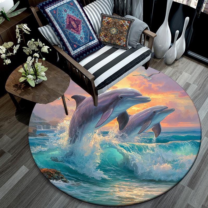 Dolphins Round Area Rug,Carpet Rug for Living Room Bedroom Sofa Playroom Decor,Non-slip Floor Mat