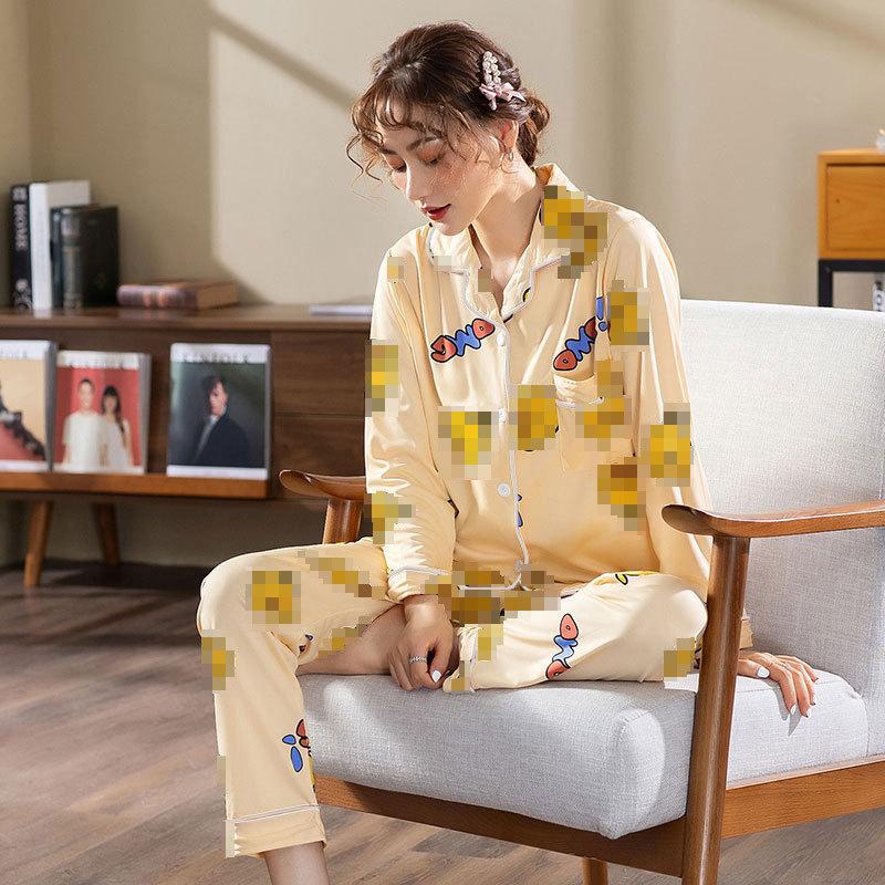 Spring And Autumn Pajamas Women'S Cardigan Long-Sleeved Trousers Korean Girls' Simple Cartoon Loungewear Suit Can Be Worn Outside