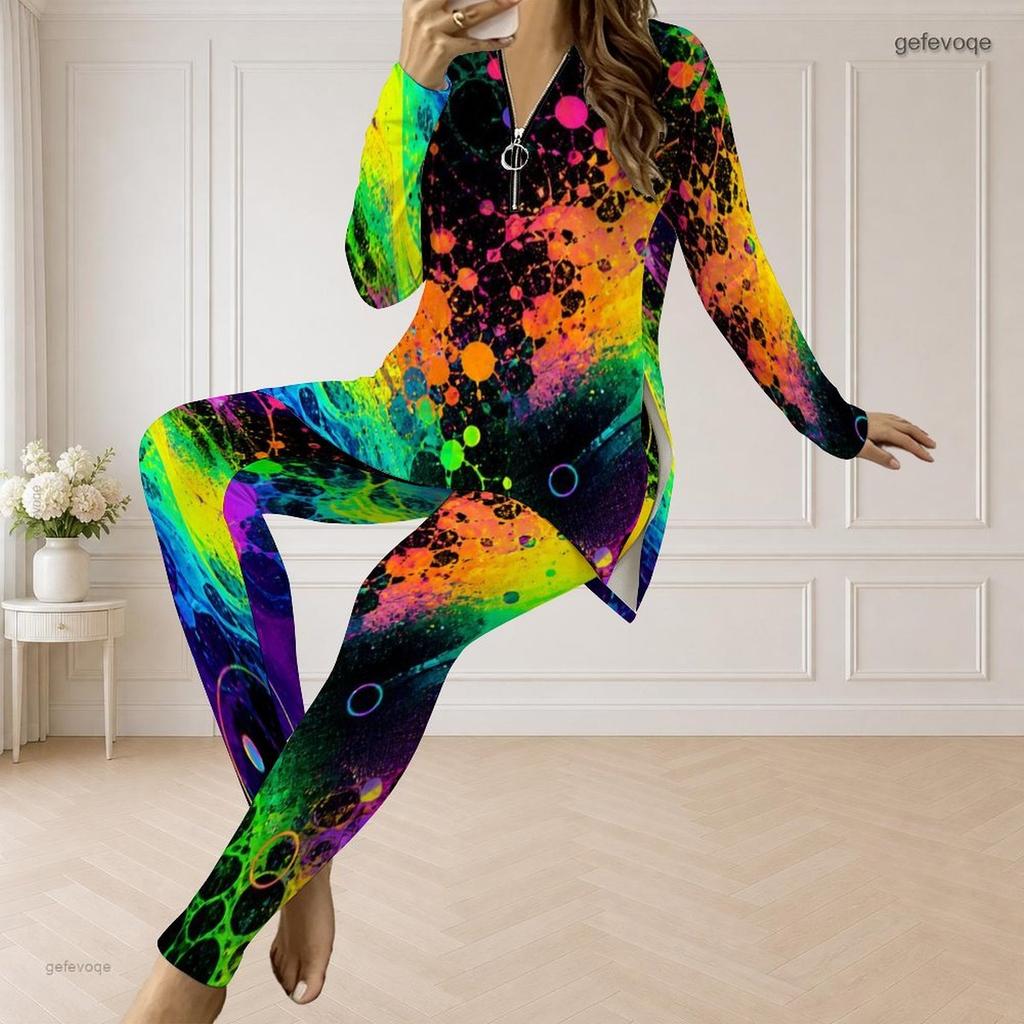 Women Plus Size Two Piece Set Half Zip Long Sleeve Galaxy Printed Top And Fitted Pants