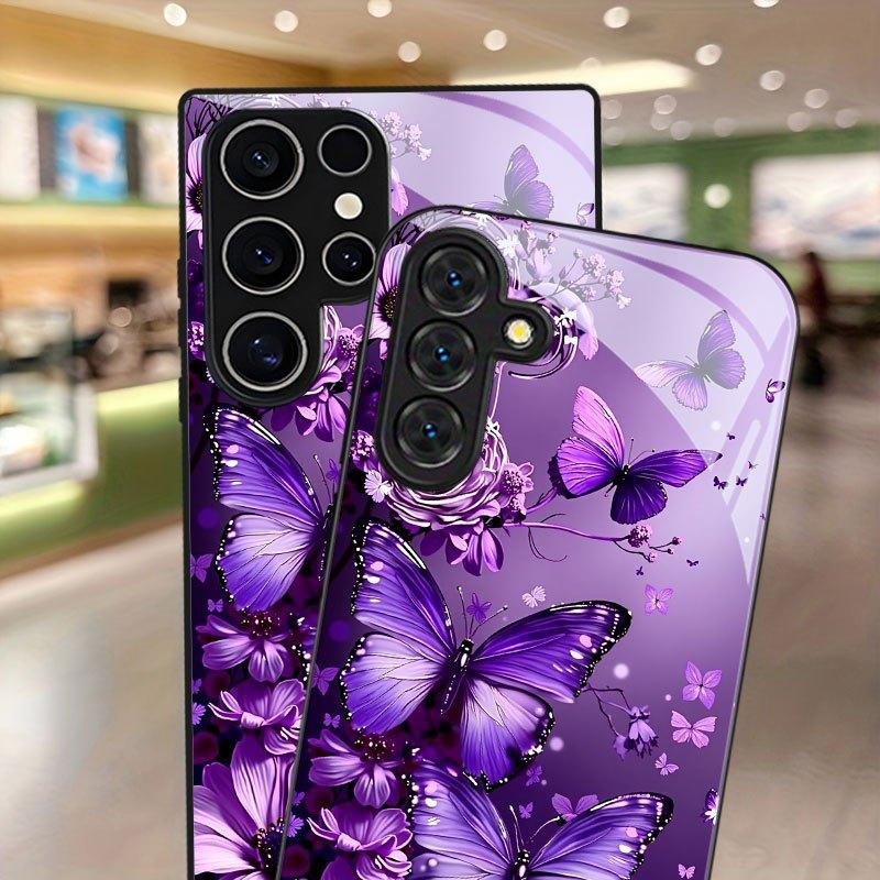 Purple Butterfly Flower Pattern Glass Phone Case Suitable for Samsung Galaxy S26 S25 S24 S22 S21 S20 FE/Ultra/Plus Hard Case