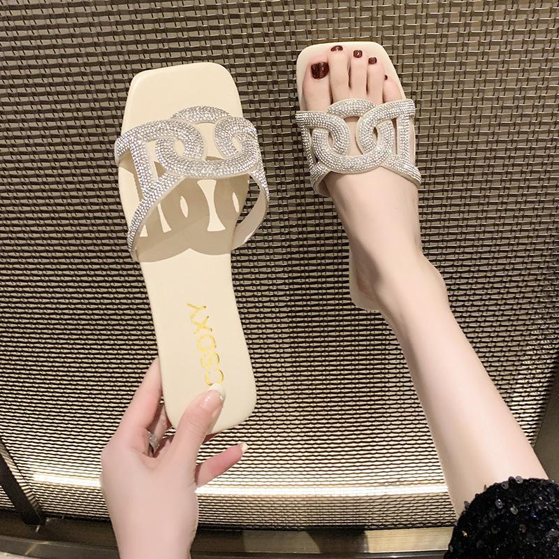 New Slippers Rhinestone Women Sandals Square Head Large Size Flats Slippers Sho
