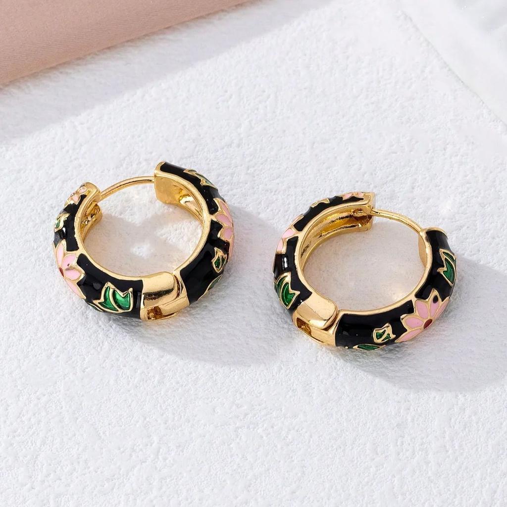Bohemian Enamel Floral Hoop Earrings Intricate Hand Painted Flower Patterns Multiple Color Options Women's Party Daily Fashion