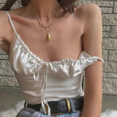 2024 Women's Solid Color Spaghetti Strap V-Neck Backless Slim Fit Cropped Tank Top