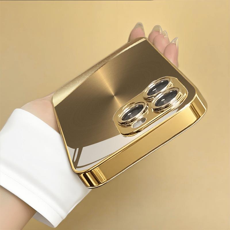 Golden metal brushed pattern straightedge trendy electroplated gold glass case For iphone 17 16 15 14 13 12 11 Pro Promax Plus