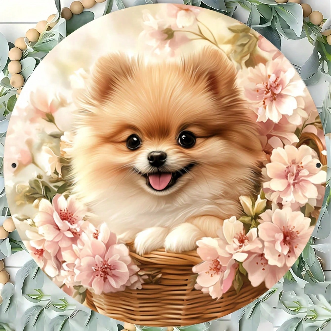 Metal Tin Sign Pomeranian in Flower Basket Decor Home Garden Shop Art 20x20