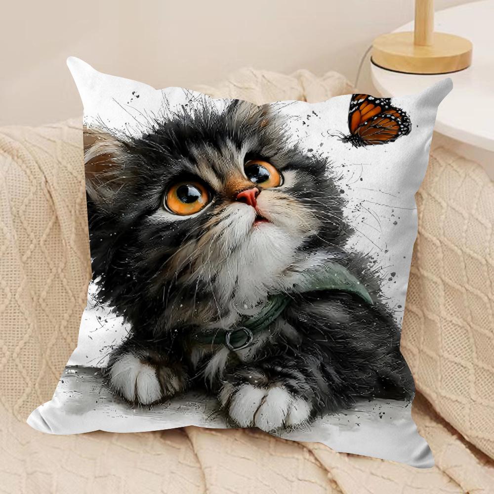 Cute Cat and Flower Cushion Cover Short Plush Doublesided Print Square Throw Pillow Covers Sofa Home Cushion Decor