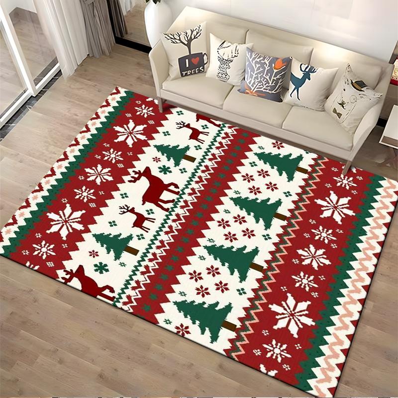 Festive Reindeer and Snowflake Pattern Rug Non-slip rug suitable for living room and bedroom sofas
