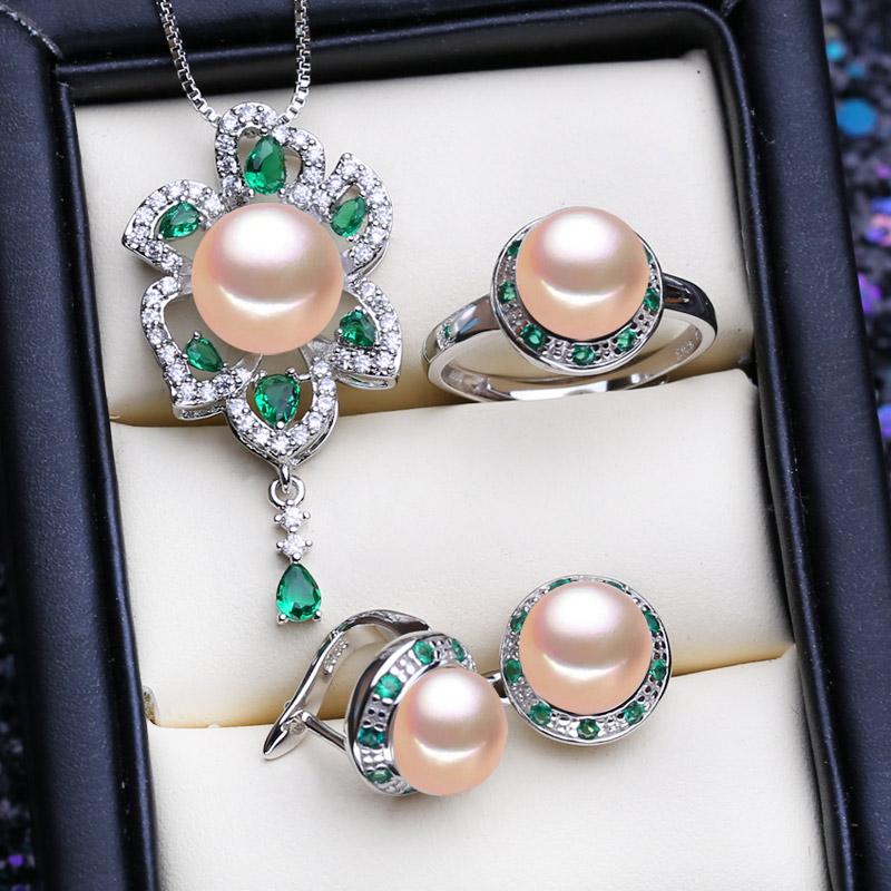 

LSOOYH Ювелирные наборы из натурального пресноводного жемчуга с кубическим цирконием, свадебные большие модные винтажные серьги, кольцо, кулон, ожерелье, подарки для женщин розовый