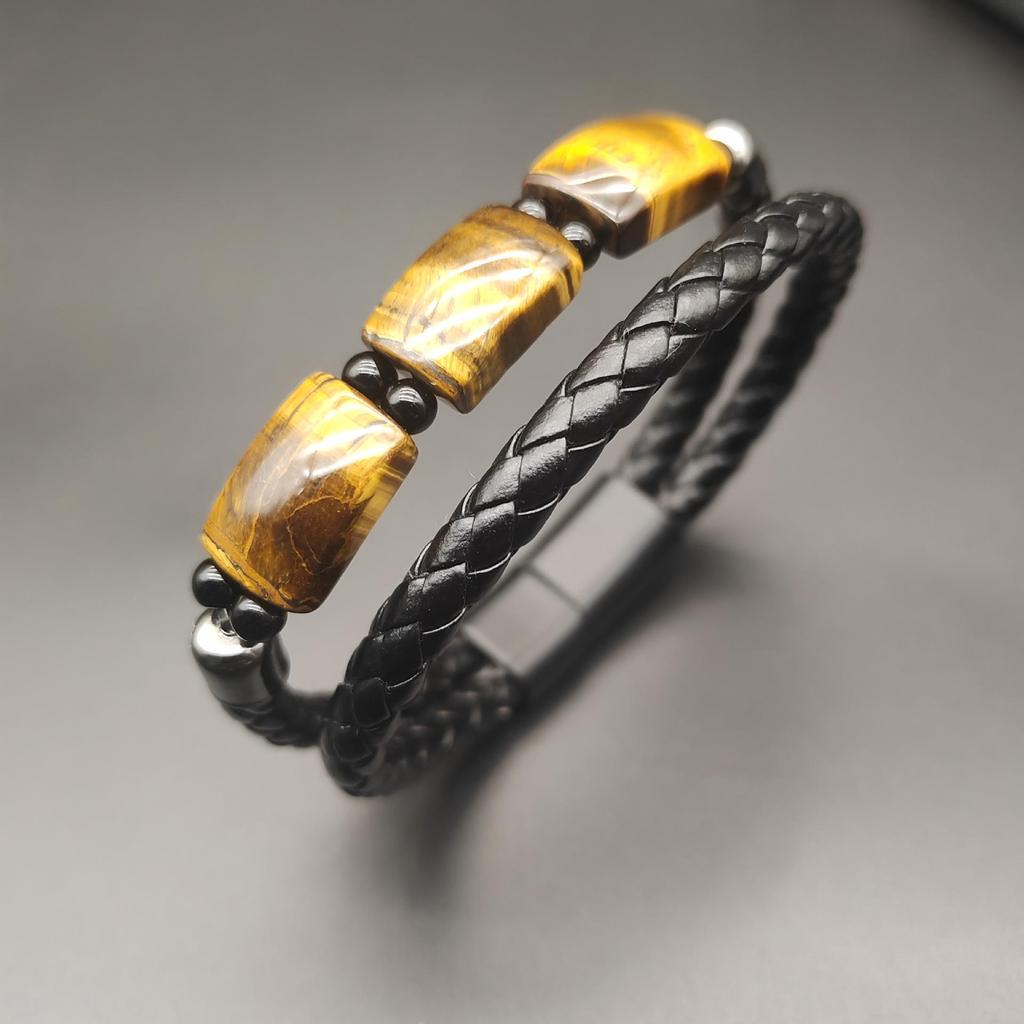 Men's Double Layer Leather Bracelet with Tiger Eye Stones